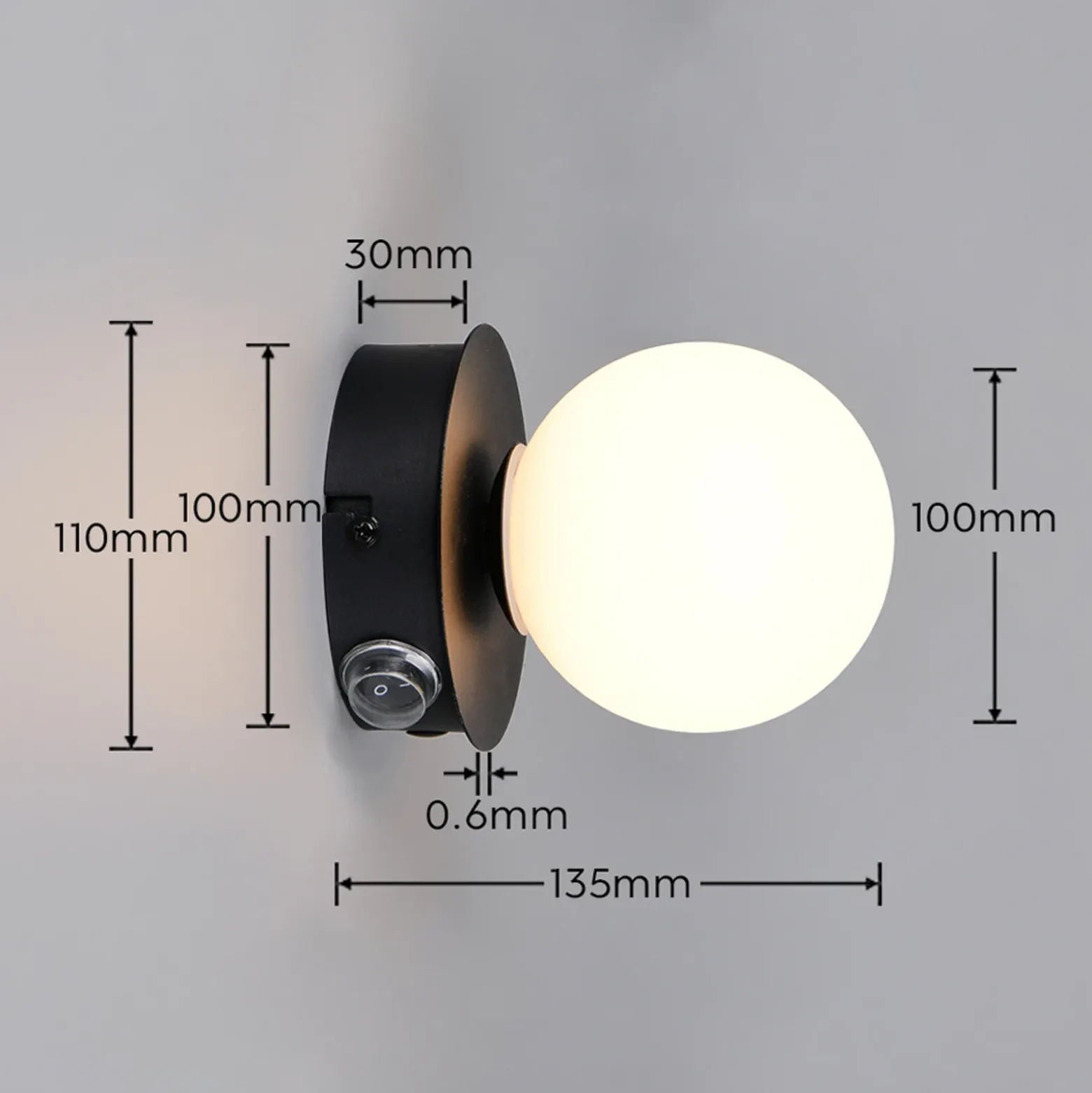 Aplique de pared Alfio, Ø 11 cm, negro mate, metal/cristal, IP44