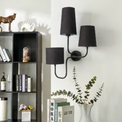 Aplique de pared Çatal, negro, altura 57 cm, 3 luces, tela, E27