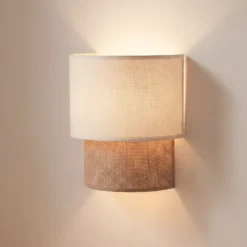 Aplique de pared Boho, blanco/yute, altura 22 cm, tejido, E27