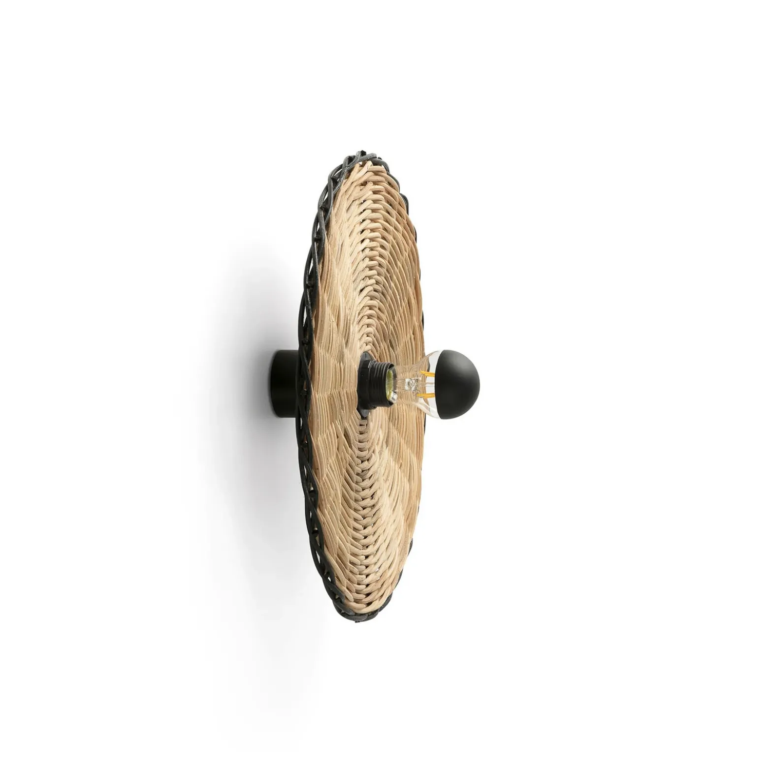 Aplique de pared Costas, negro/madera clara, ratán, Ø 40 cm