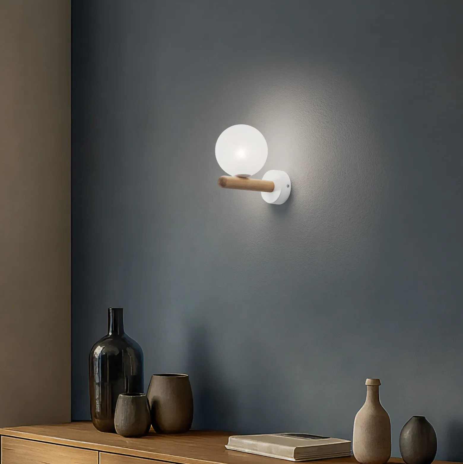 Aplique de pared Estera, blanco/color madera, cristal, G9