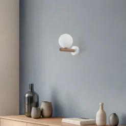 Aplique de pared Estera, blanco/color madera, cristal, G9