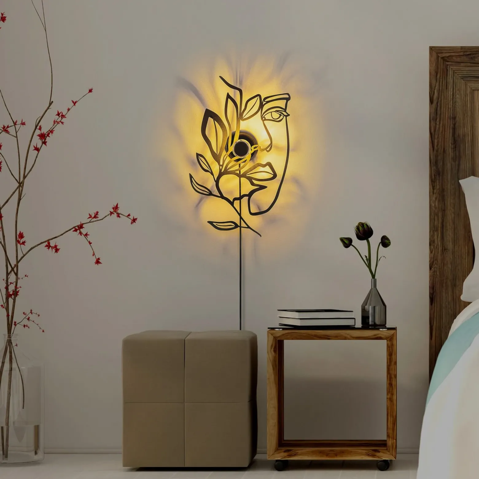 Aplique de pared Flower Faced, negro, metal, 54 x 34 cm, enchufe