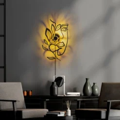 Aplique de pared Flower Faced, negro, metal, 54 x 34 cm, enchufe