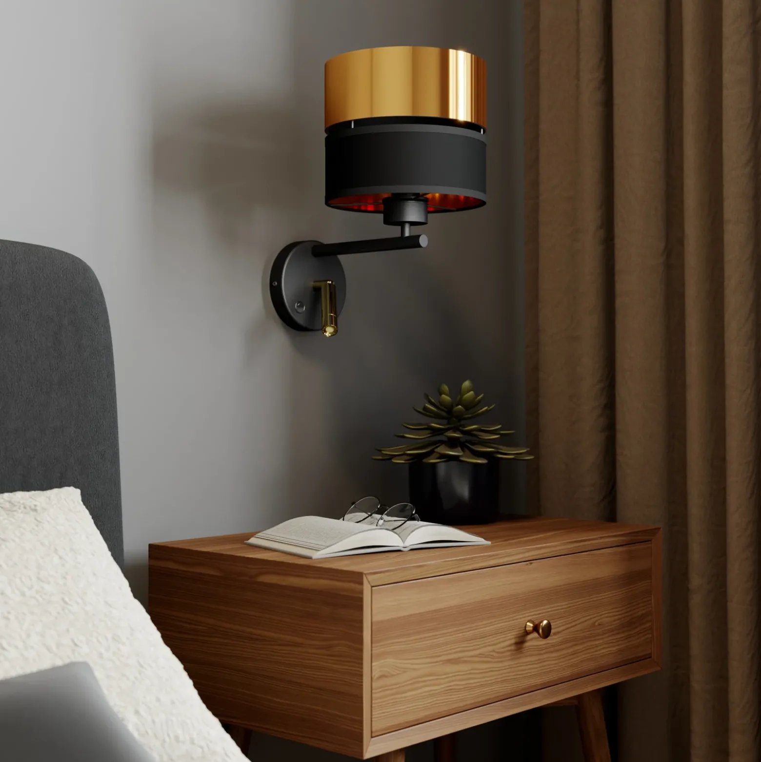Aplique de pared Hilton negro/dorado con brazo de lectura LED