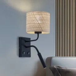 Aplique de pared Jovin 1 luz con foco, pantalla de ratán