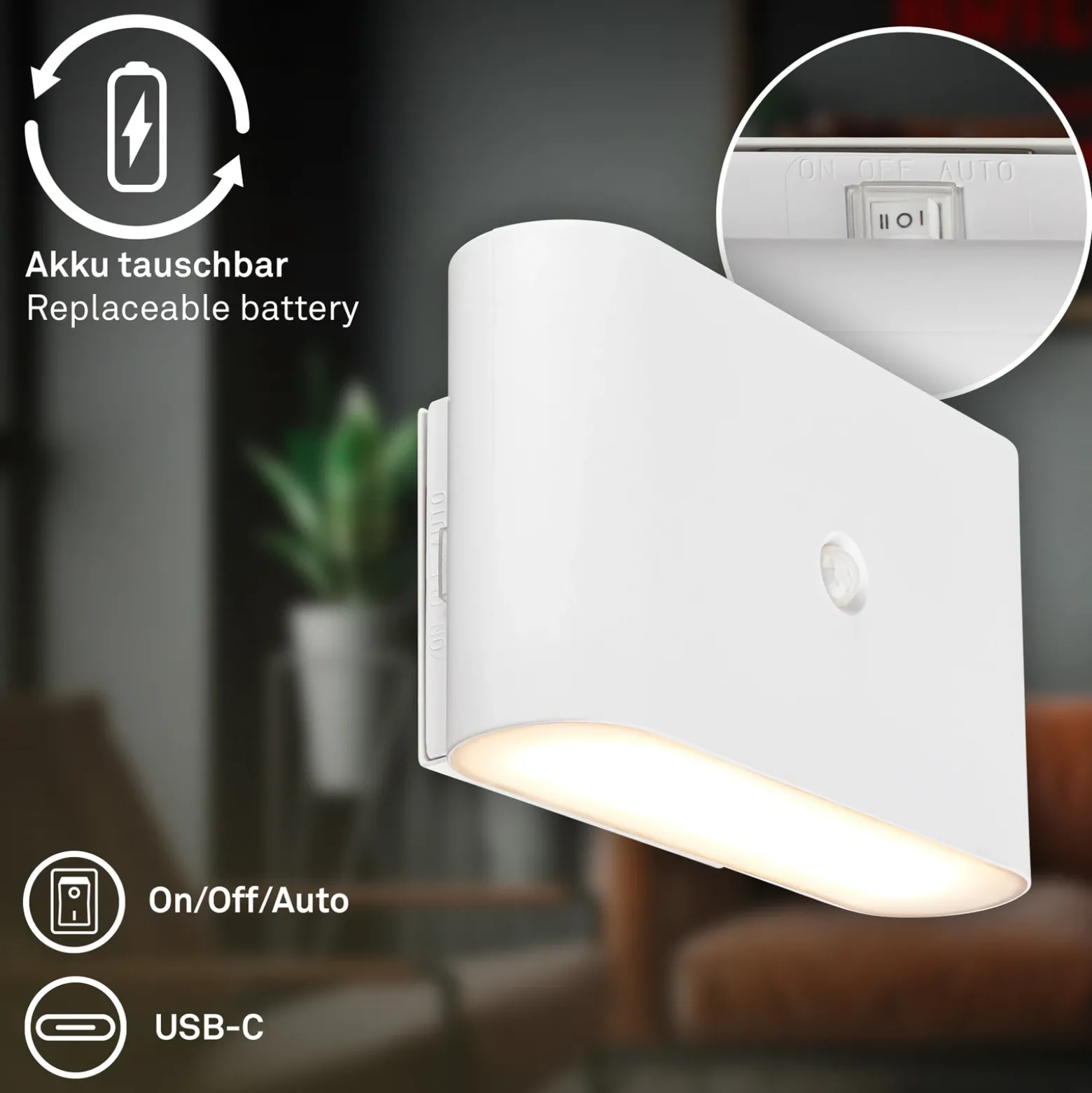 Aplique de pared LED Chat, blanco, 16 cm, plástico, sensor