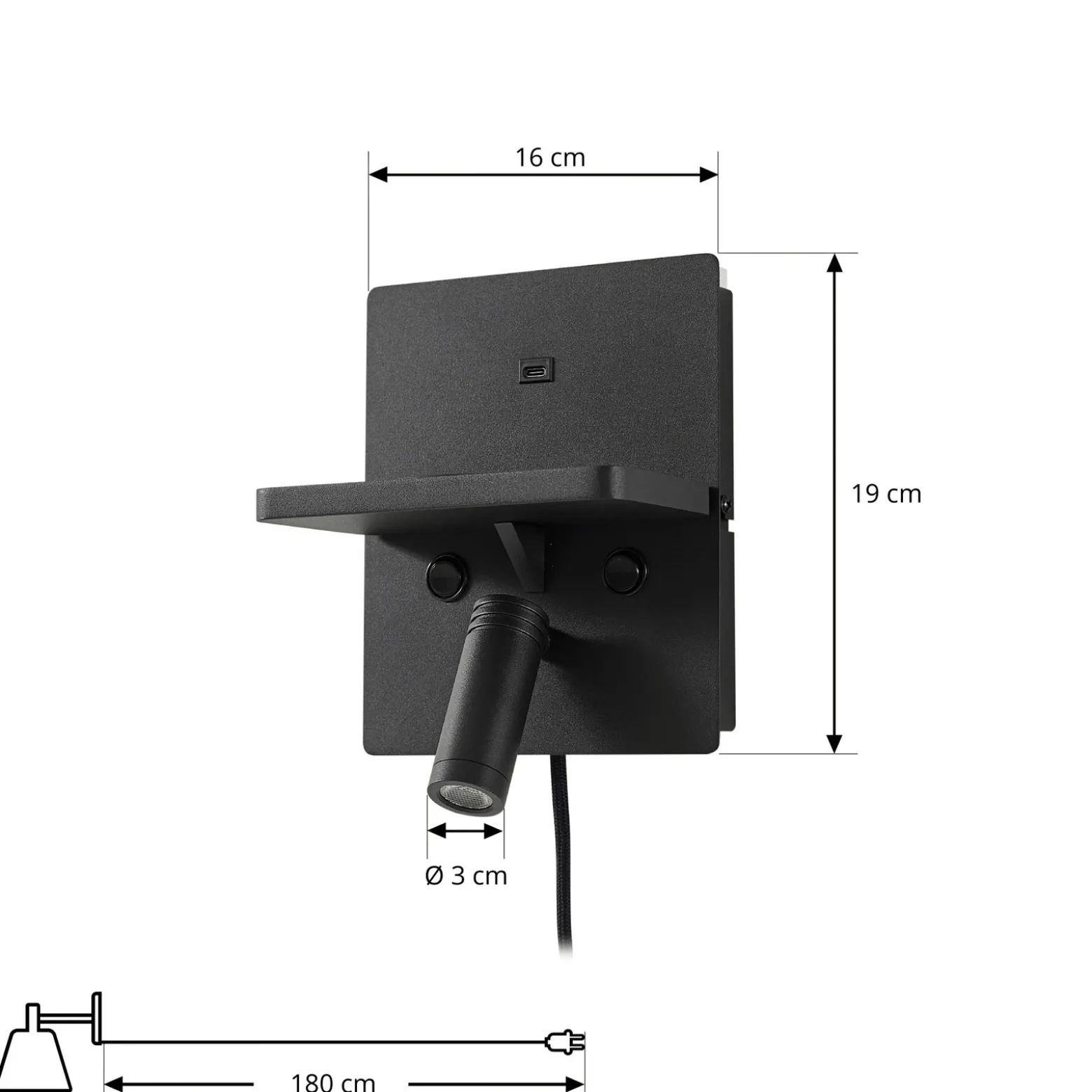 Aplique de pared LED Lindby Auden, negro, enchufe, estación de carga