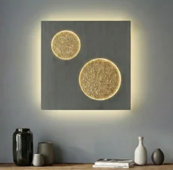 Aplique de pared LED Lucande Delin, gris/dorado, 55 x 55 cm, atenuable