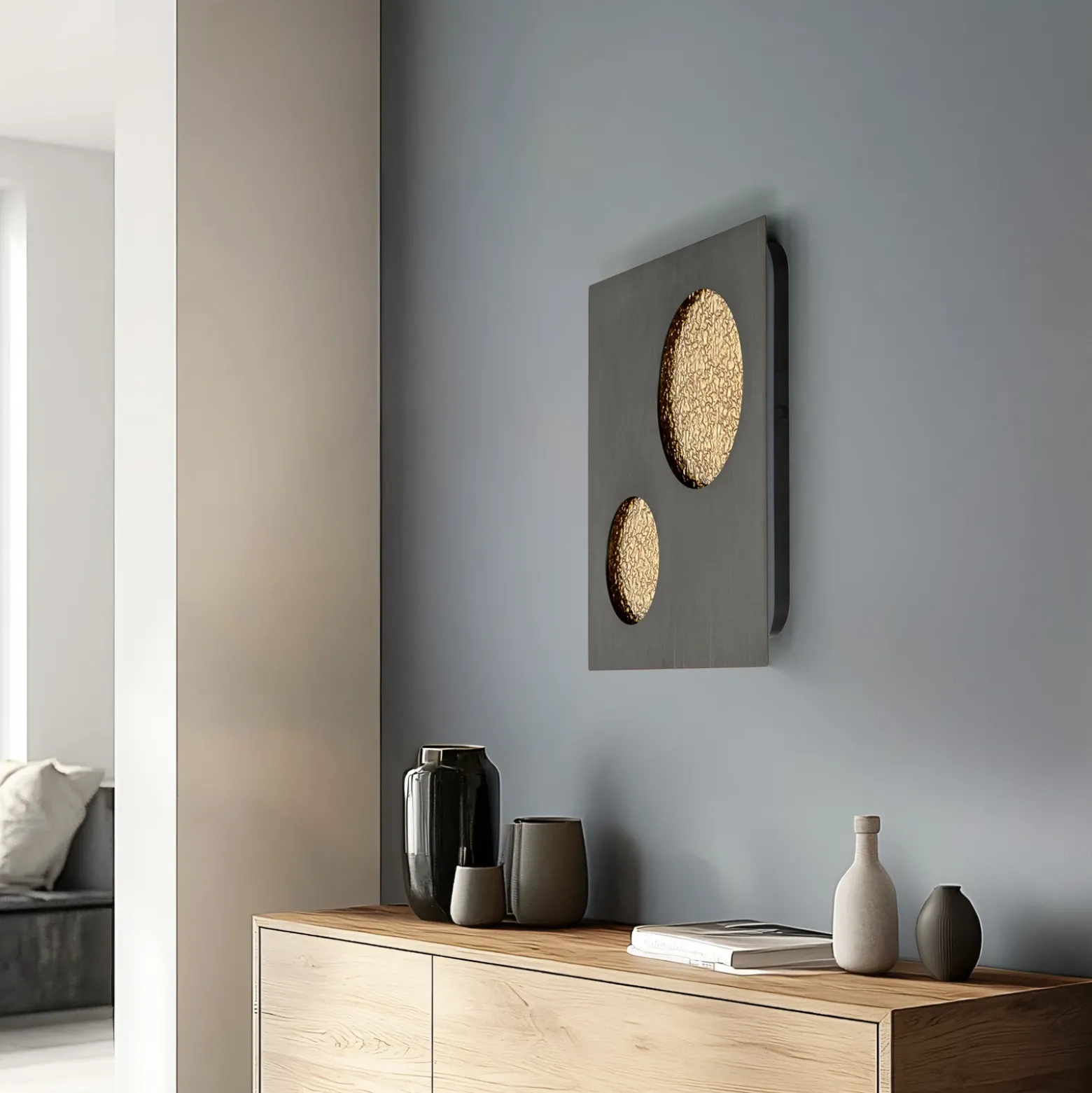 Aplique de pared LED Lucande Delin, gris/dorado, 55 x 55 cm, atenuable