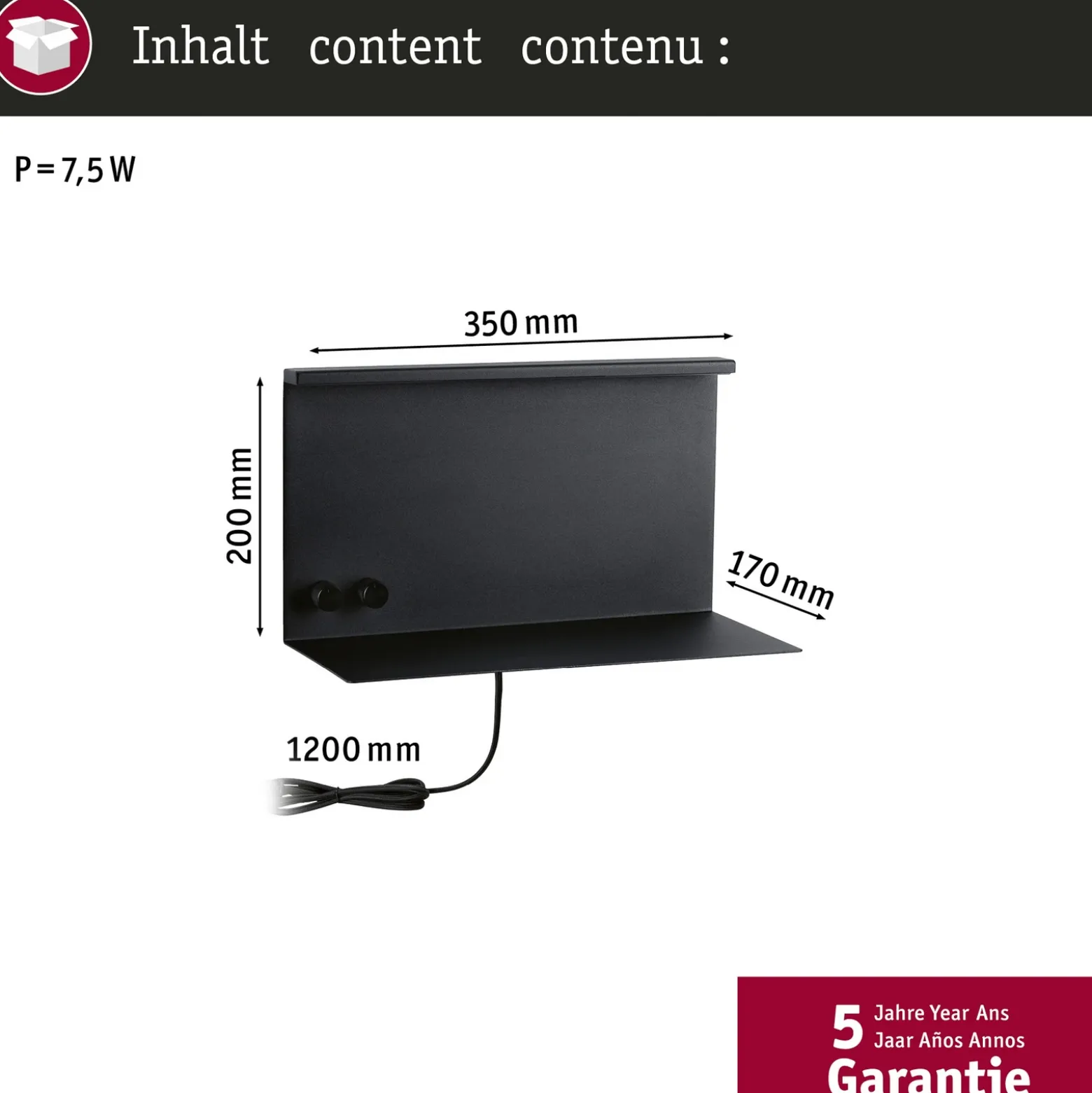 Aplique de pared LED Paulmann Jarina negra, 35 cm, bandeja, puerto USB