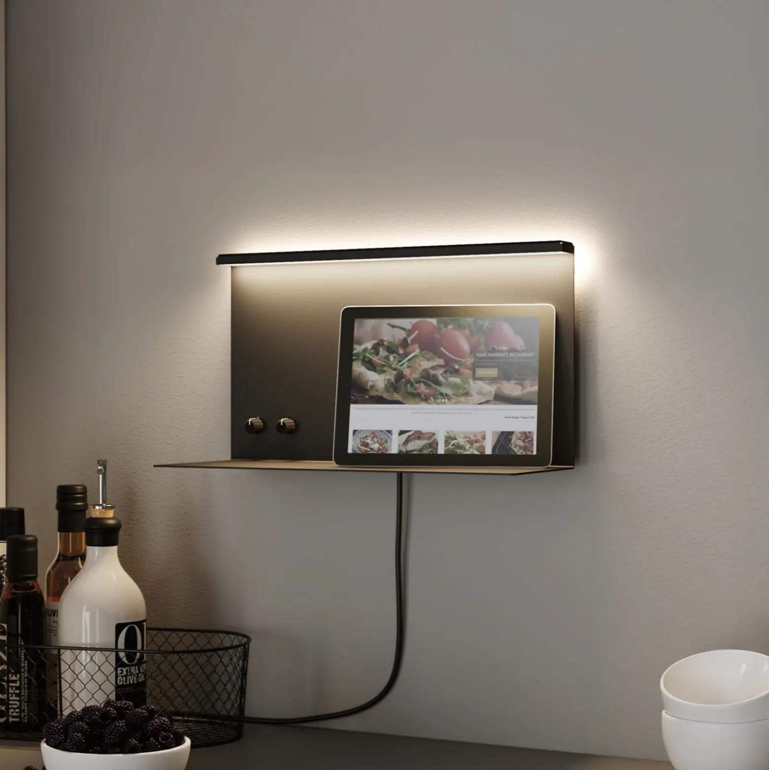 Aplique de pared LED Paulmann Jarina negra, 35 cm, bandeja, puerto USB