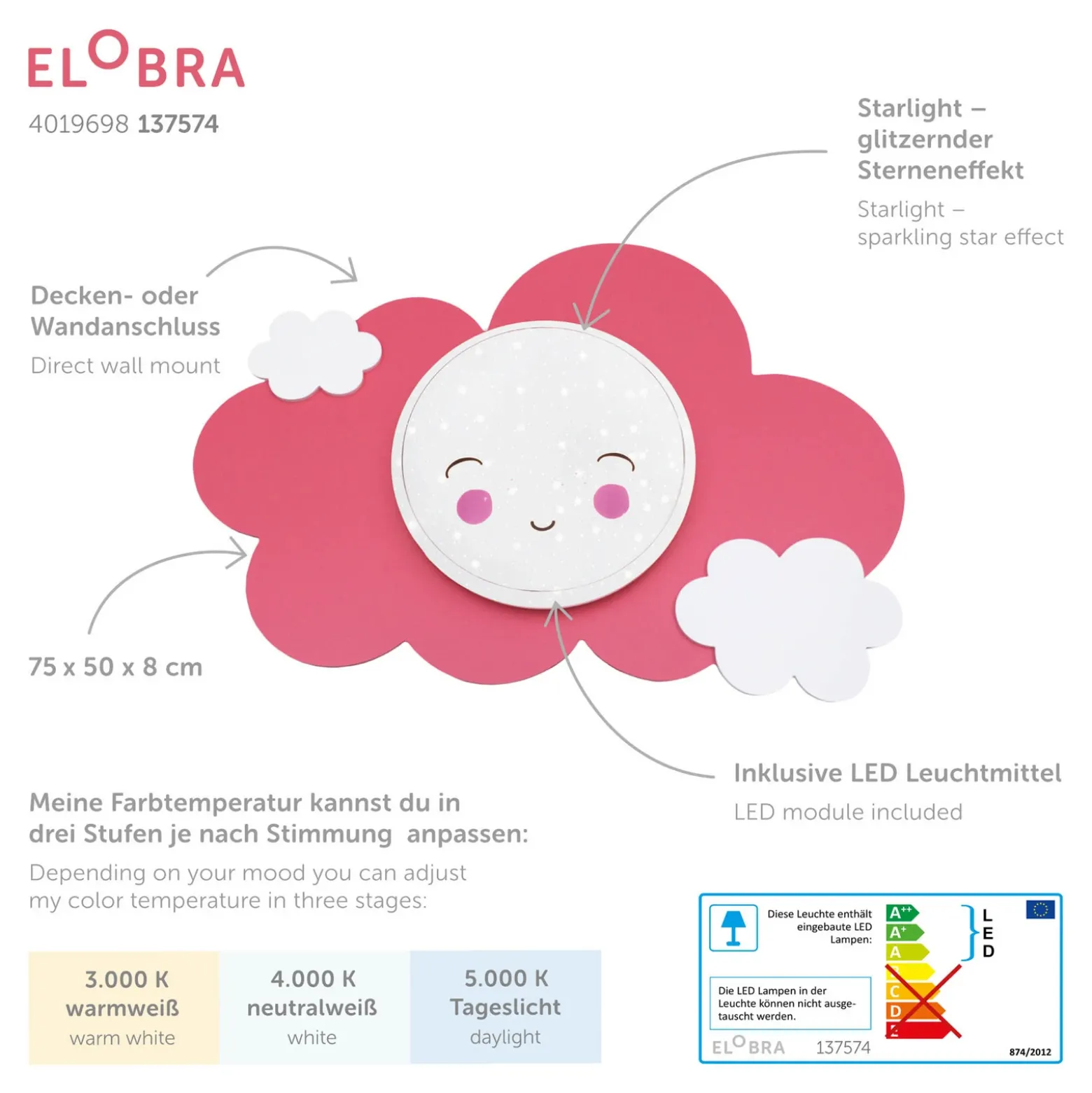Aplique de pared LED Picture Cloud Starlight Smile, rosa