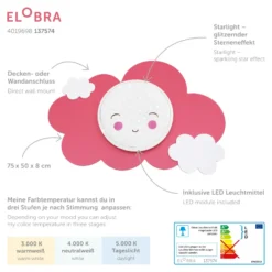 Aplique de pared LED Picture Cloud Starlight Smile, rosa