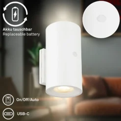 Aplique de pared LED recargable Isy, blanco mate, plástico, 3000 K