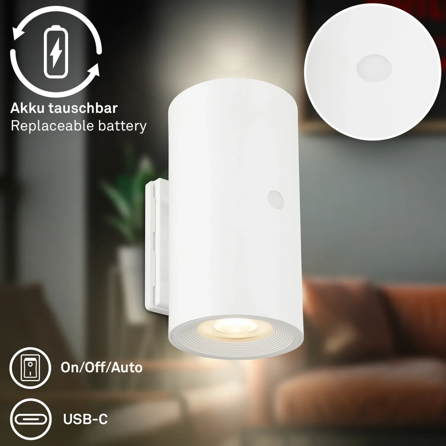 Aplique de pared LED recargable Isy, blanco mate, plástico, 3000 K