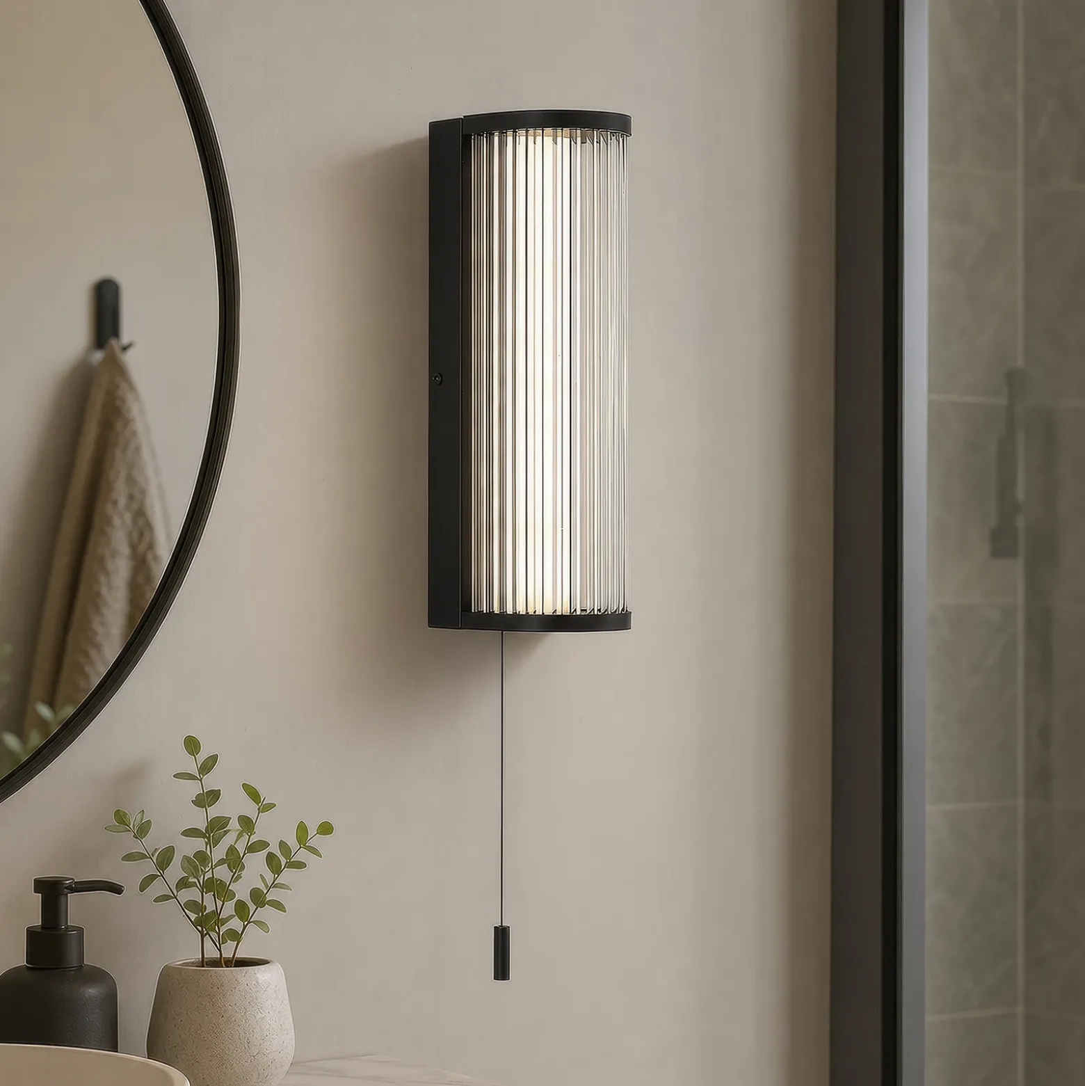 Aplique de pared LED Rue, negro, IP44, metal, cristal, 3.000 K