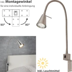 Aplique de pared LED Tuso, níquel, montaje en cama, metal
