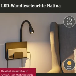 Aplique de pared LED USB Paulmann Halina, brazo flexible negro
