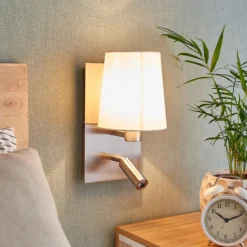 Aplique de pared Lindby Aiden, blanco, níquel, brazo de lectura LED