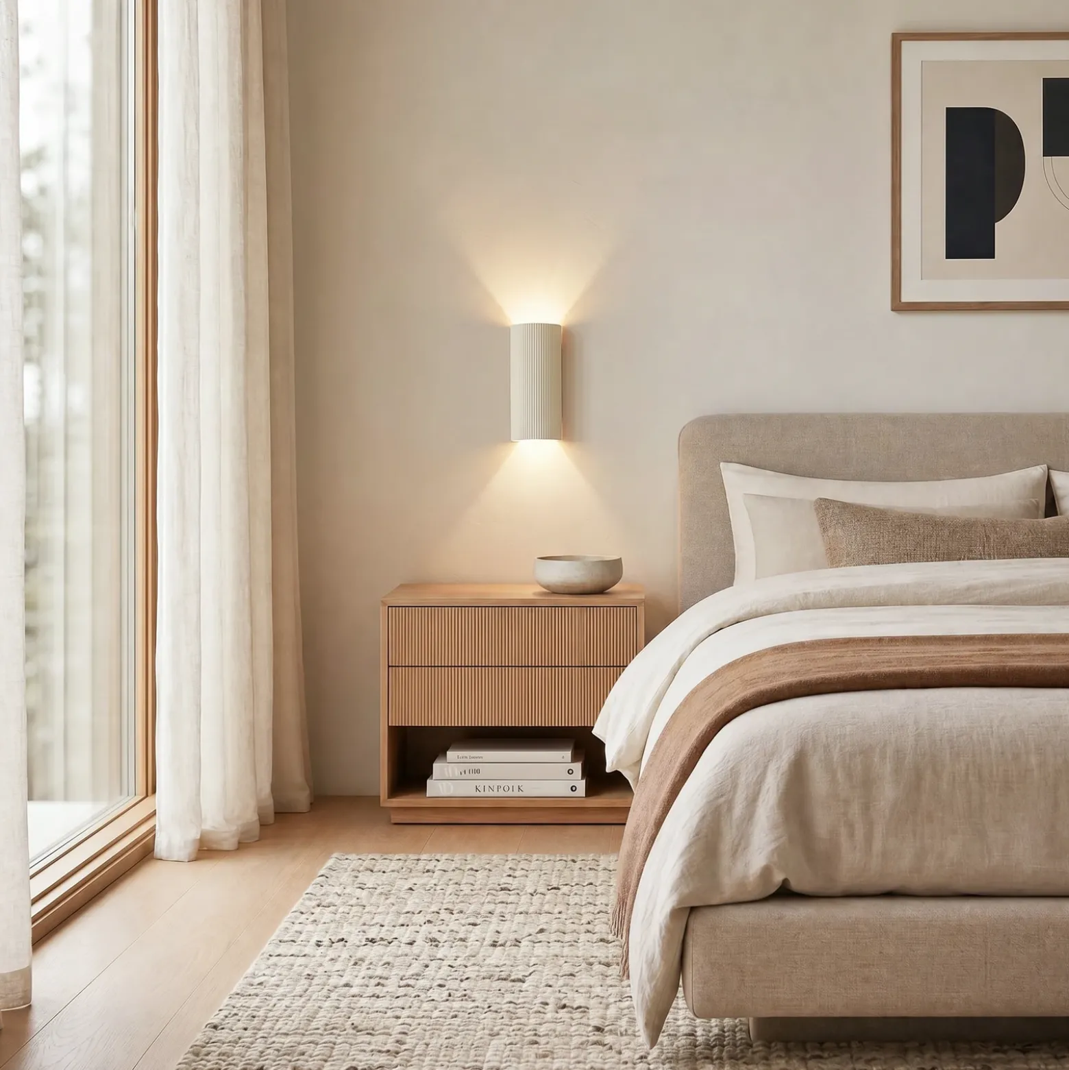 Aplique de pared Lindby Colja, redondo, altura 30,5 cm, yeso, beige
