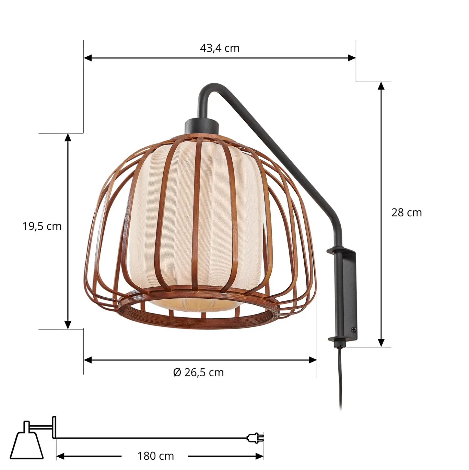 Aplique de pared Lindby Davella, Ø 26 cm, negro, bambú, textil