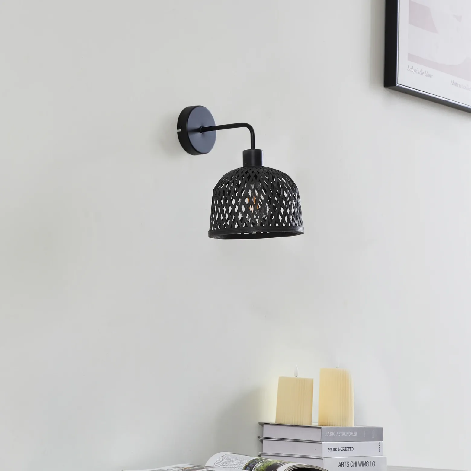 Aplique de pared Lindby Eskil, Ø 18,5 cm, negro, bambú
