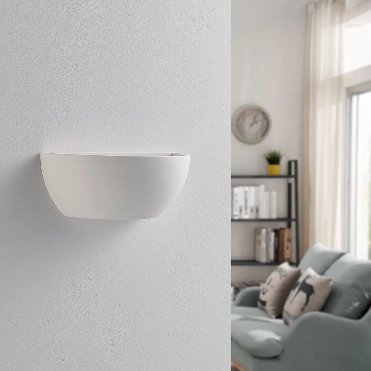 Aplique de pared Lindby «Jimmy», blanco, yeso, semicircular, 24 cm, E14