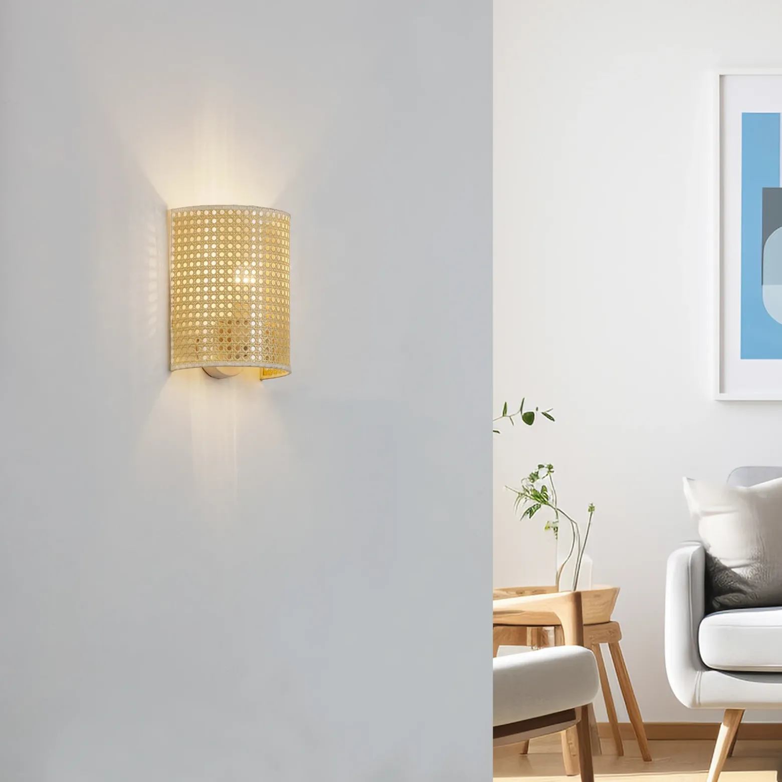 Aplique de pared Lindby Lautaro, bambú, 25 cm de altura, E27