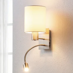 Aplique de pared Lindby Shajan, 29 cm, textil, E27, brazo de lectura LED