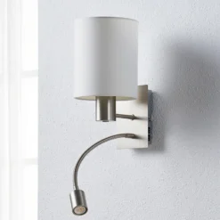 Aplique de pared Lindby Shajan, 29 cm, textil, E27, brazo de lectura LED