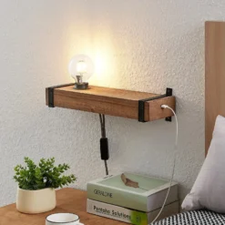 Aplique de pared Lindby Sverina, 40 cm, madera, enchufe, E27