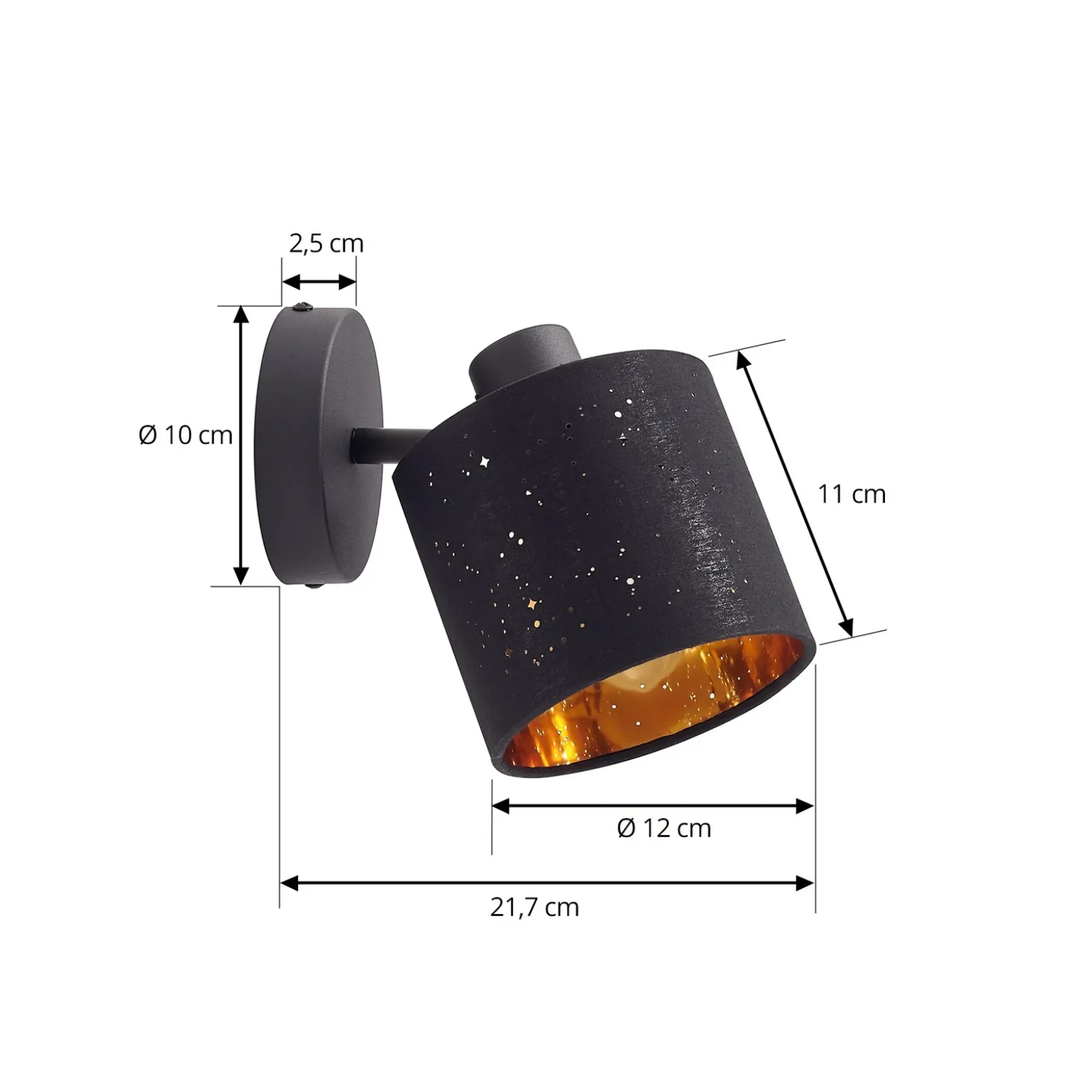Aplique de pared Lindby Vasilia, Ø 12 cm, negro/oro, tela