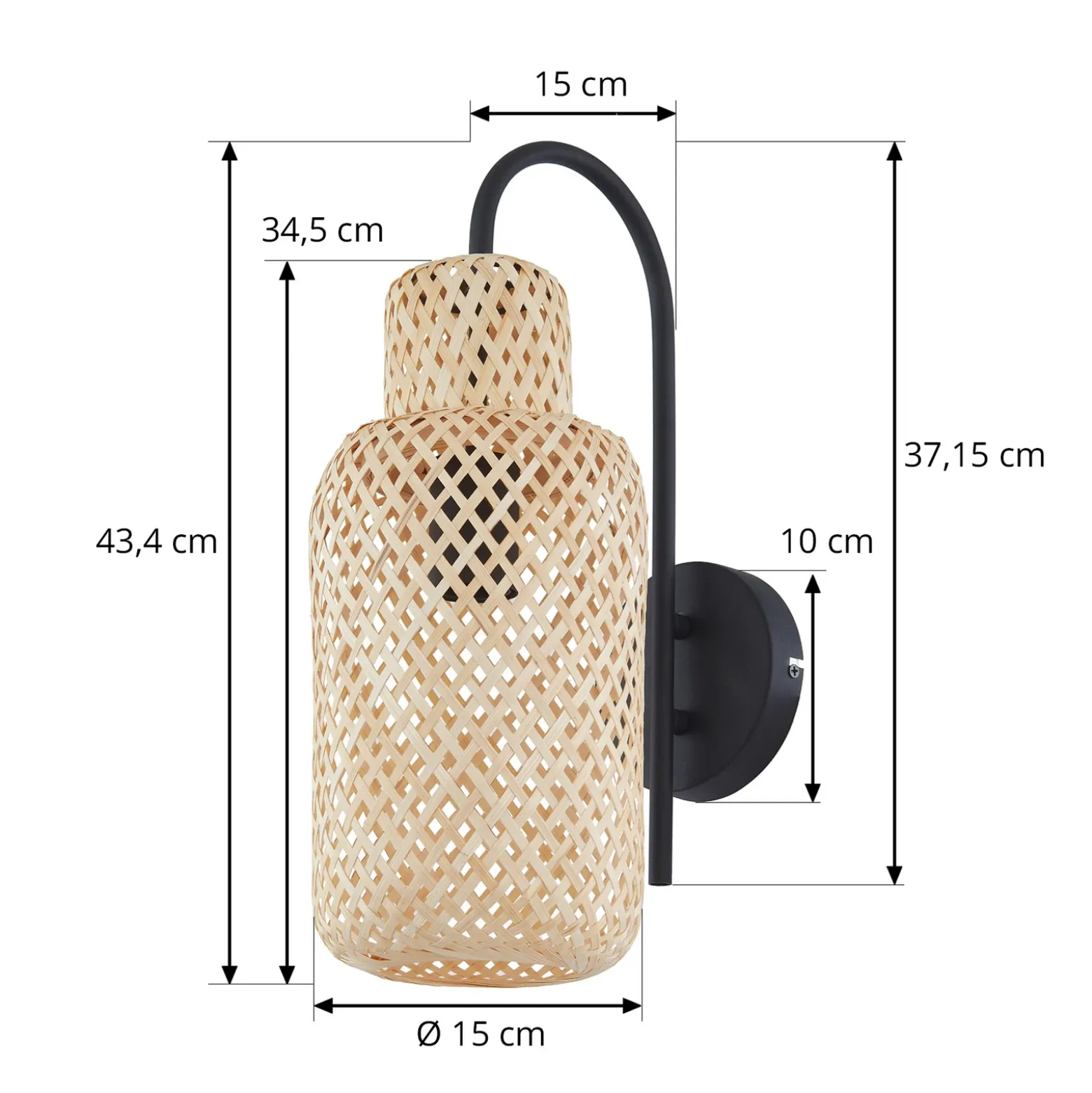 Aplique de pared Lindby Venora, altura 43 cm, negro, madera, bambú