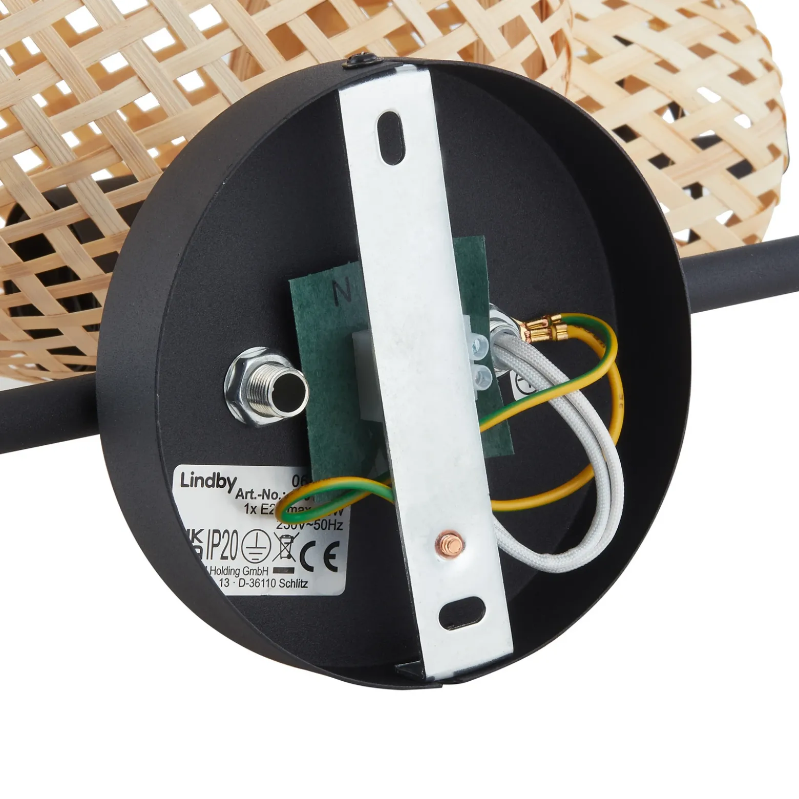 Aplique de pared Lindby Venora, altura 43 cm, negro, madera, bambú