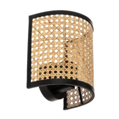Aplique de pared Lindby Yaelle, 20 cm de altura, ratán, negro, E27