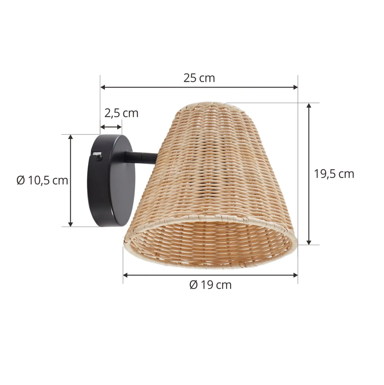 Aplique de pared Lindby Zyralia, color madera, ratán, altura 19,5 cm