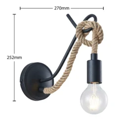 Aplique de pared Lucande Ropina, negro, cuerda de cáñamo, altura 25 cm
