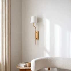 Aplique de pared Lumora, blanco/dorado, altura 72 cm, tejido/metal, E27