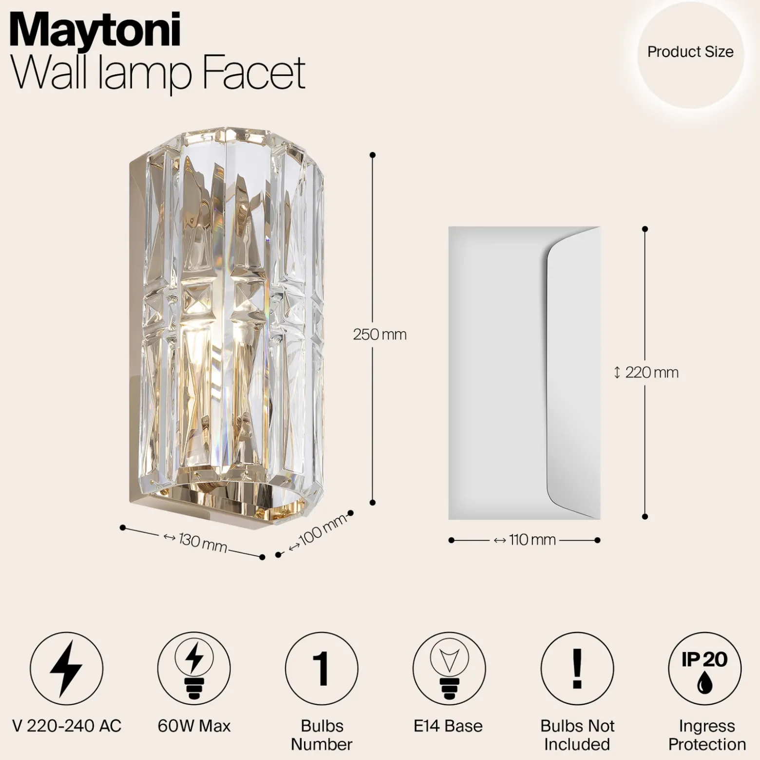 Aplique de pared Maytoni Facet, altura 25 cm, color dorado, cristal, E14