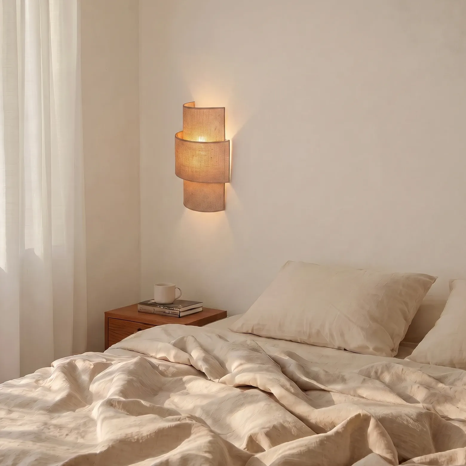 Aplique de pared «Nature», yute, altura 41 cm, tejido, luz hacia arriba/hacia