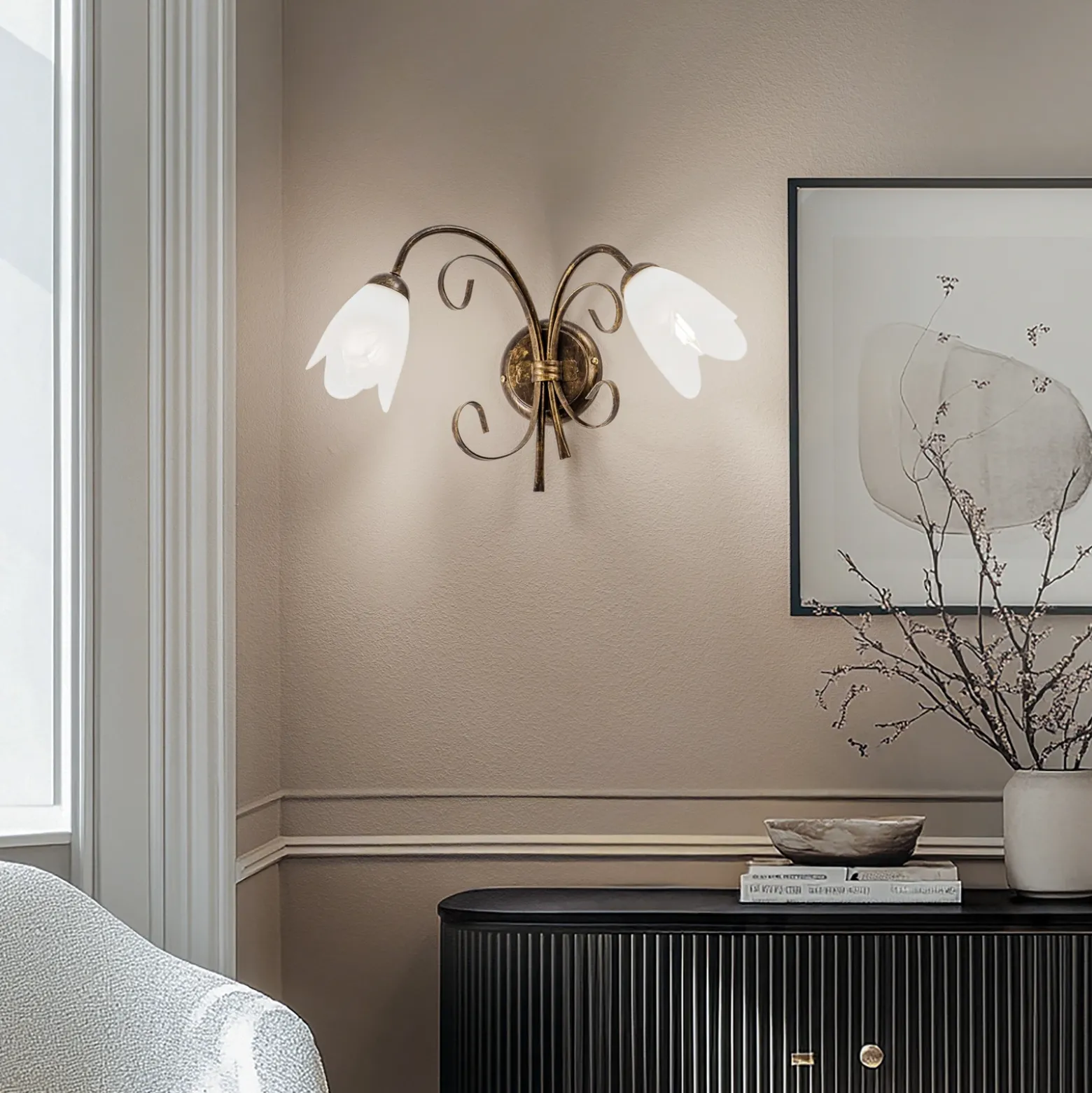 Aplique de pared Odino, 2 luces, color bronce, metal, cristal