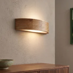 Aplique de pared Oro, madera de roble/cristal, 41 cm de ancho, E27