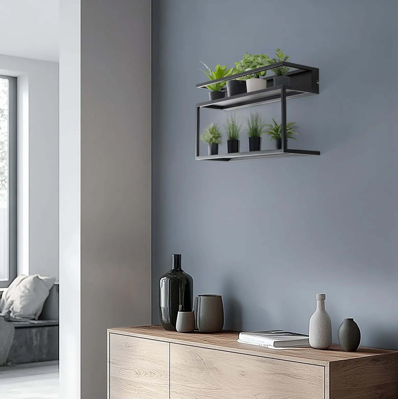 Aplique de pared para estantería, negro, acero, 60 cm de largo, 1 x LED