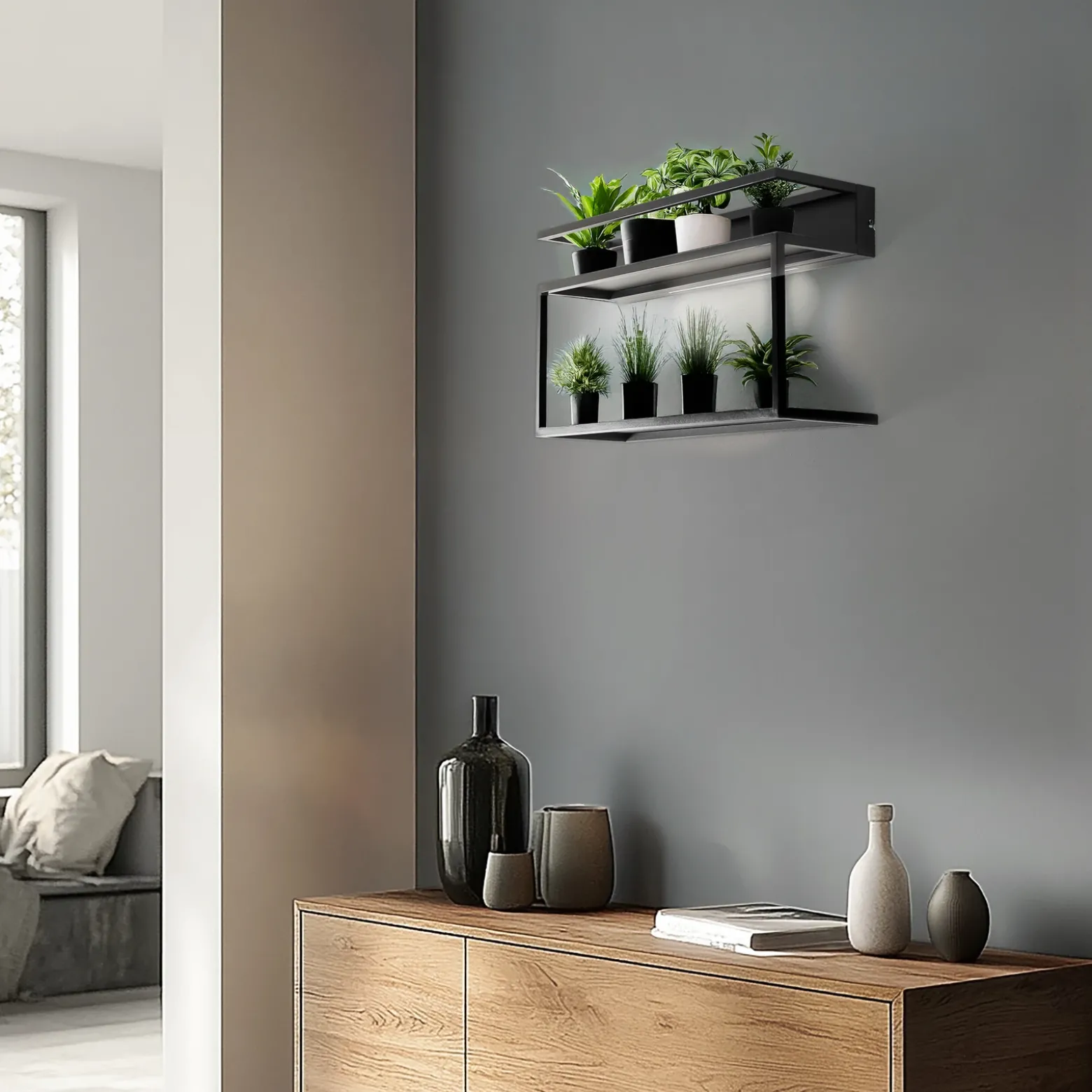 Aplique de pared para estantería, negro, acero, 60 cm de largo, 1 x LED