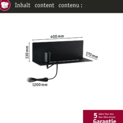 Aplique de pared Paulmann Devara, negra, 40 cm, E27, puerto USB