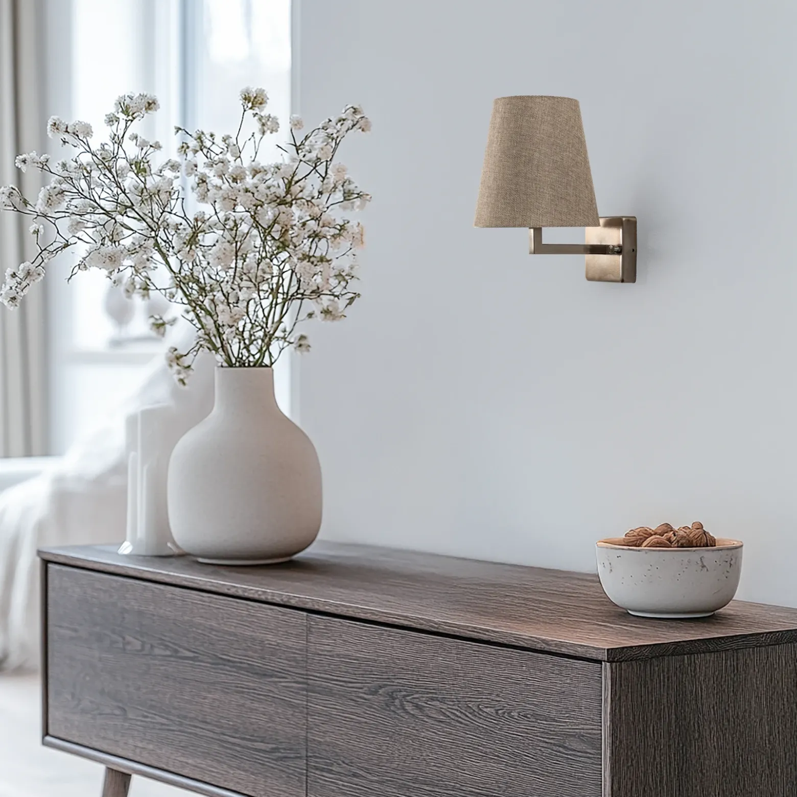 Aplique de pared perfil, dorado/crema, metal/tejido, altura 30 cm