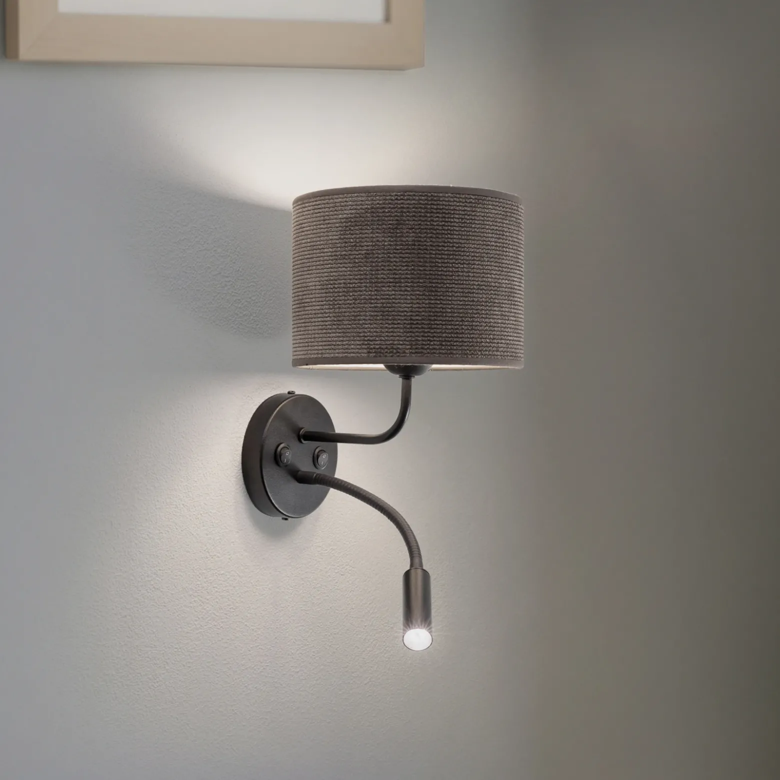Aplique de pared Roller, cordón gris oscuro, negro, con brazo de lectura