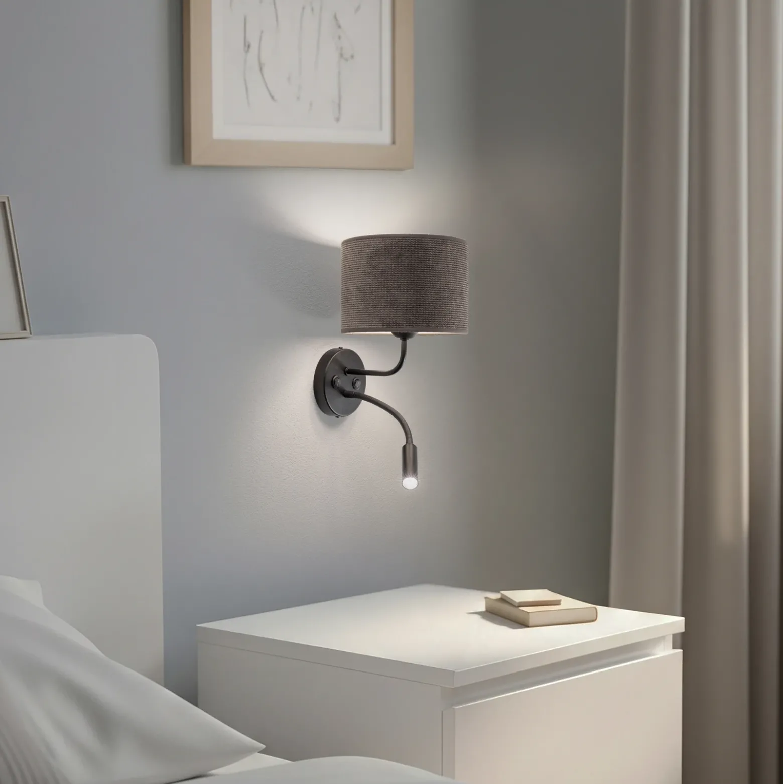 Aplique de pared Roller, cordón gris oscuro, negro, con brazo de lectura