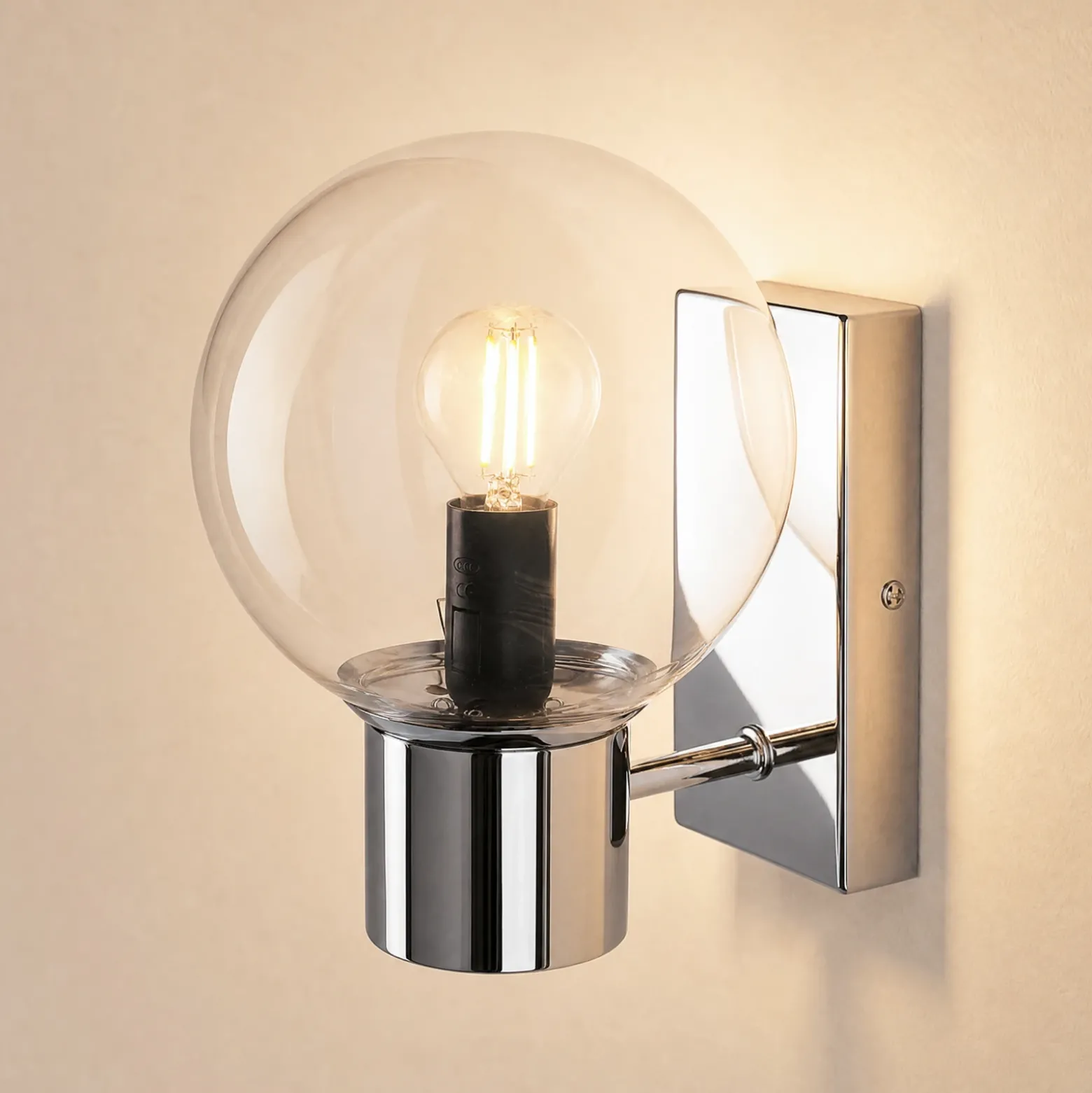 Aplique de pared Sferio, cromado/transparente, cristal, 21 cm de altura, E14